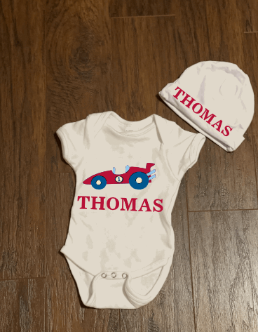 Race Car Personalized Baby Onesie and Hat Set - officialflykiddos