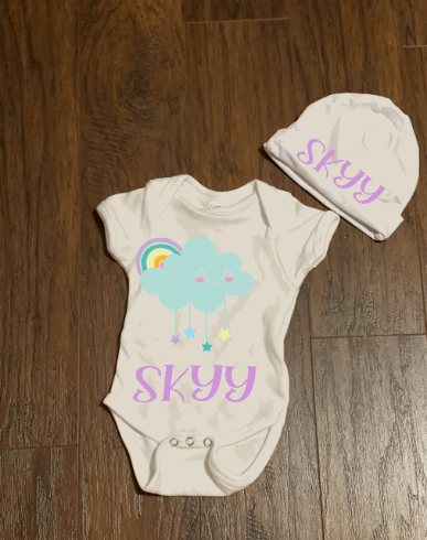 Rainbow Cloud Personalized Baby Onesie and Hat Set - officialflykiddos