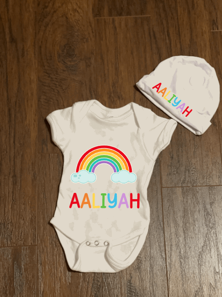 Rainbow Personalized Baby Onesie and Hat Set - officialflykiddos