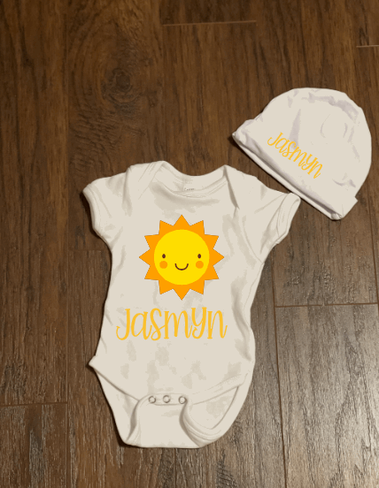 Sunshine Personalized Baby Onesie and Hat Set - officialflykiddos