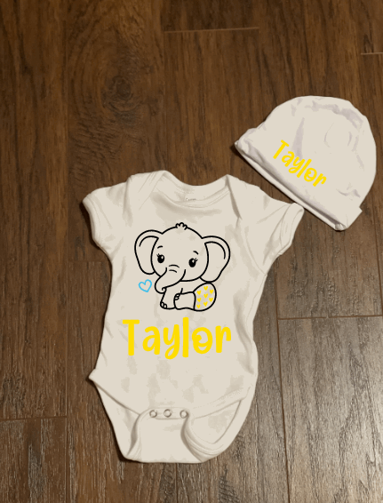 Yellow Elephant Personalized Baby Onesie and Hat Set - officialflykiddos