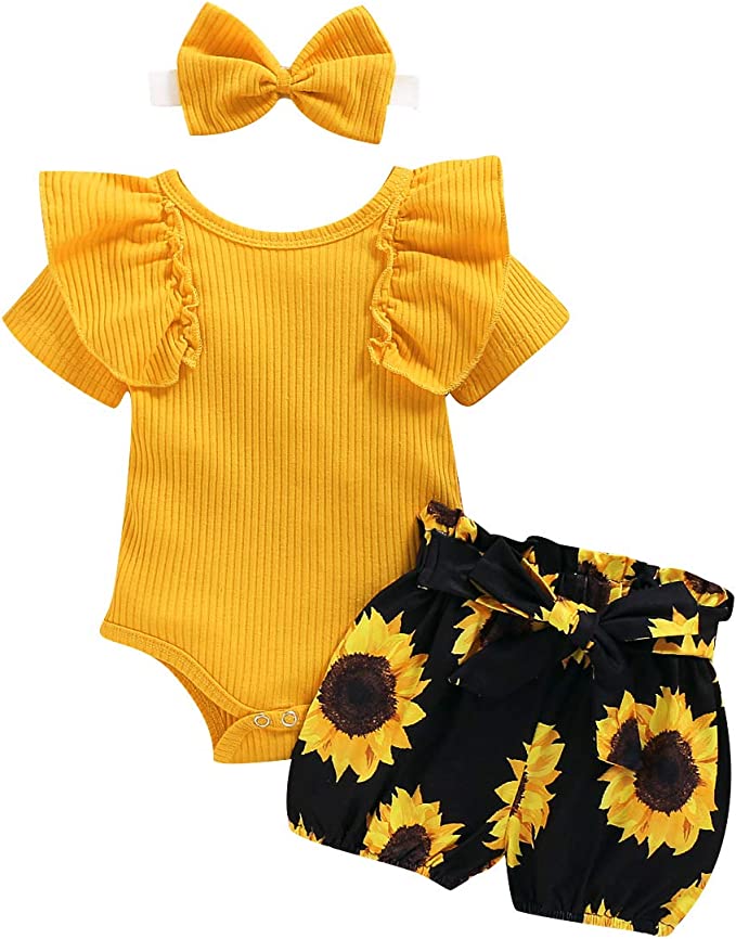 Sunflower Ruffle Sleeves Baby Girl Outfit - officialflykiddos